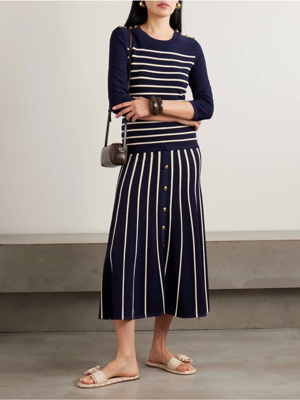 ZIMMERMANN Luna Button-Detailed Pleated Striped Knitted Midi Skirt